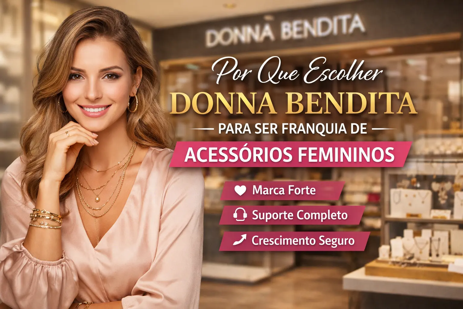 Capa promocional da Donna Bendita com modelo usando acessórios femininos em frente à loja, destacando franquia de acessórios femininos com marca forte, suporte completo e crescimento seguro.