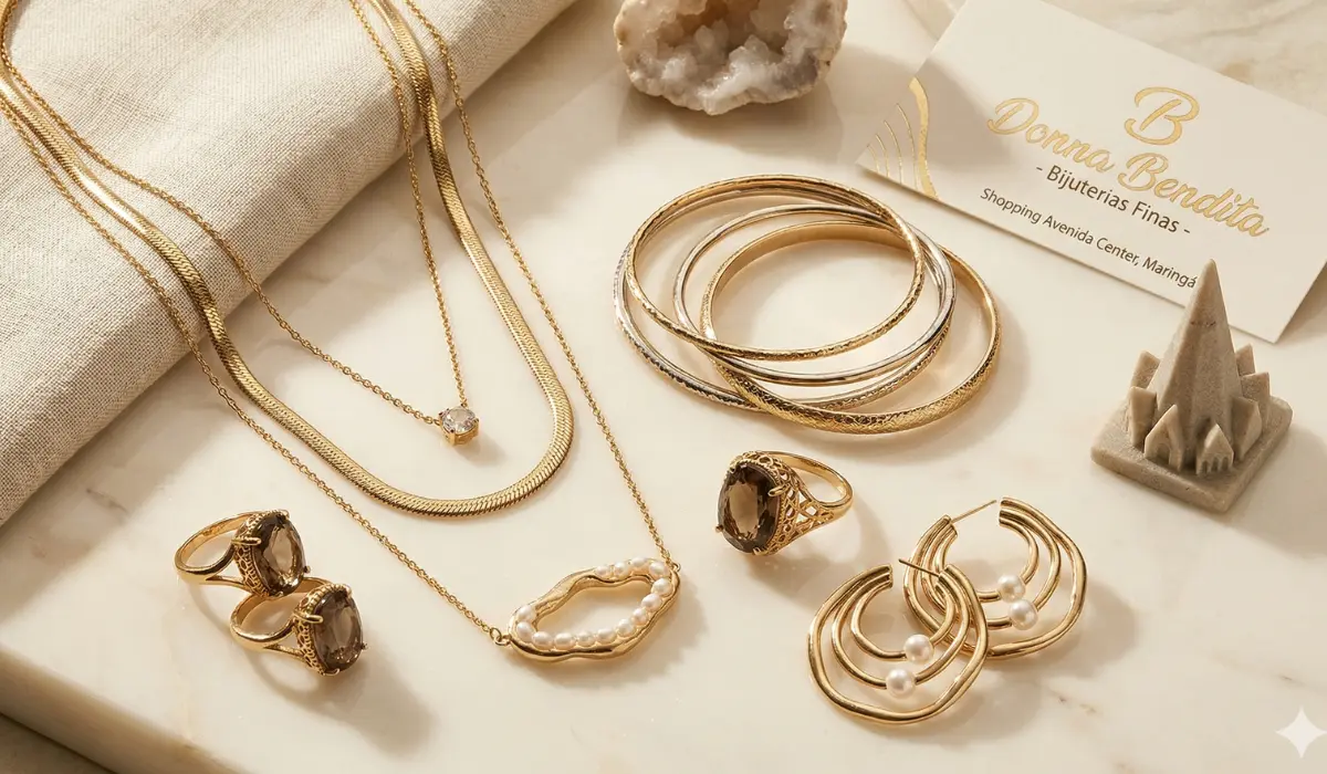 Composição visual dividida em três partes para o blog da Donna Bendita em Maringá. O painel principal mostra um conjunto variado de bijuterias finas de alta qualidade, incluindo brincos com pérolas resinadas e correntes variadas. 