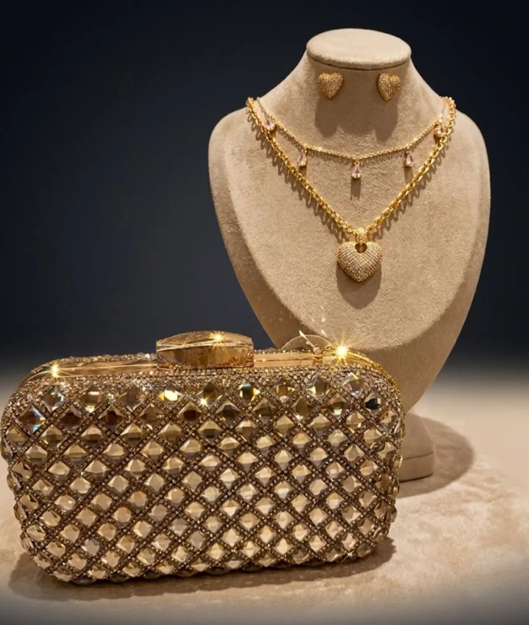 Clutch, Conjunto love e colar gotas linda combinação.