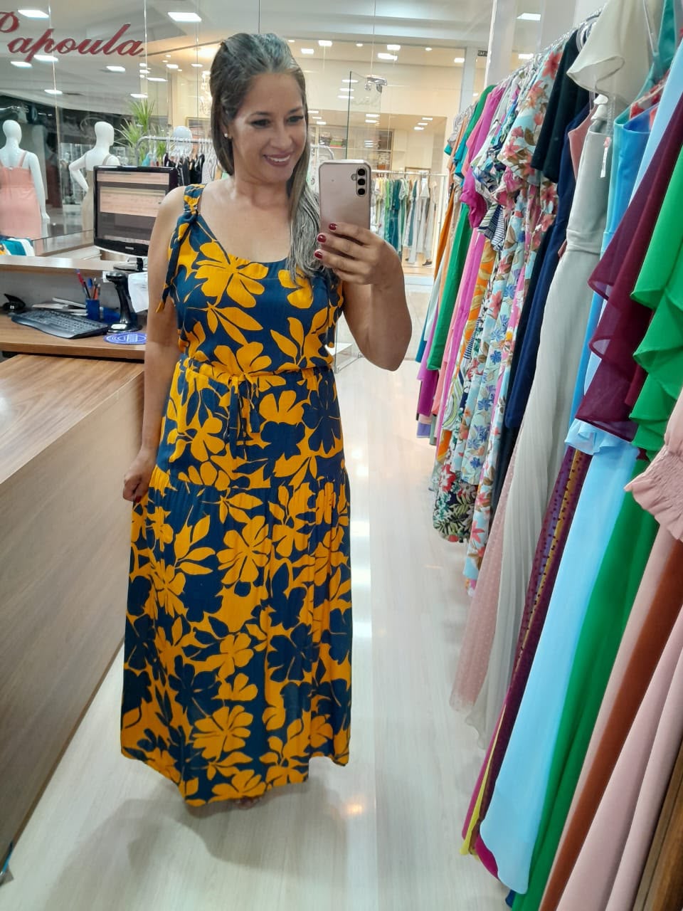 Vestido Estampado Florido Azul e Mostarda