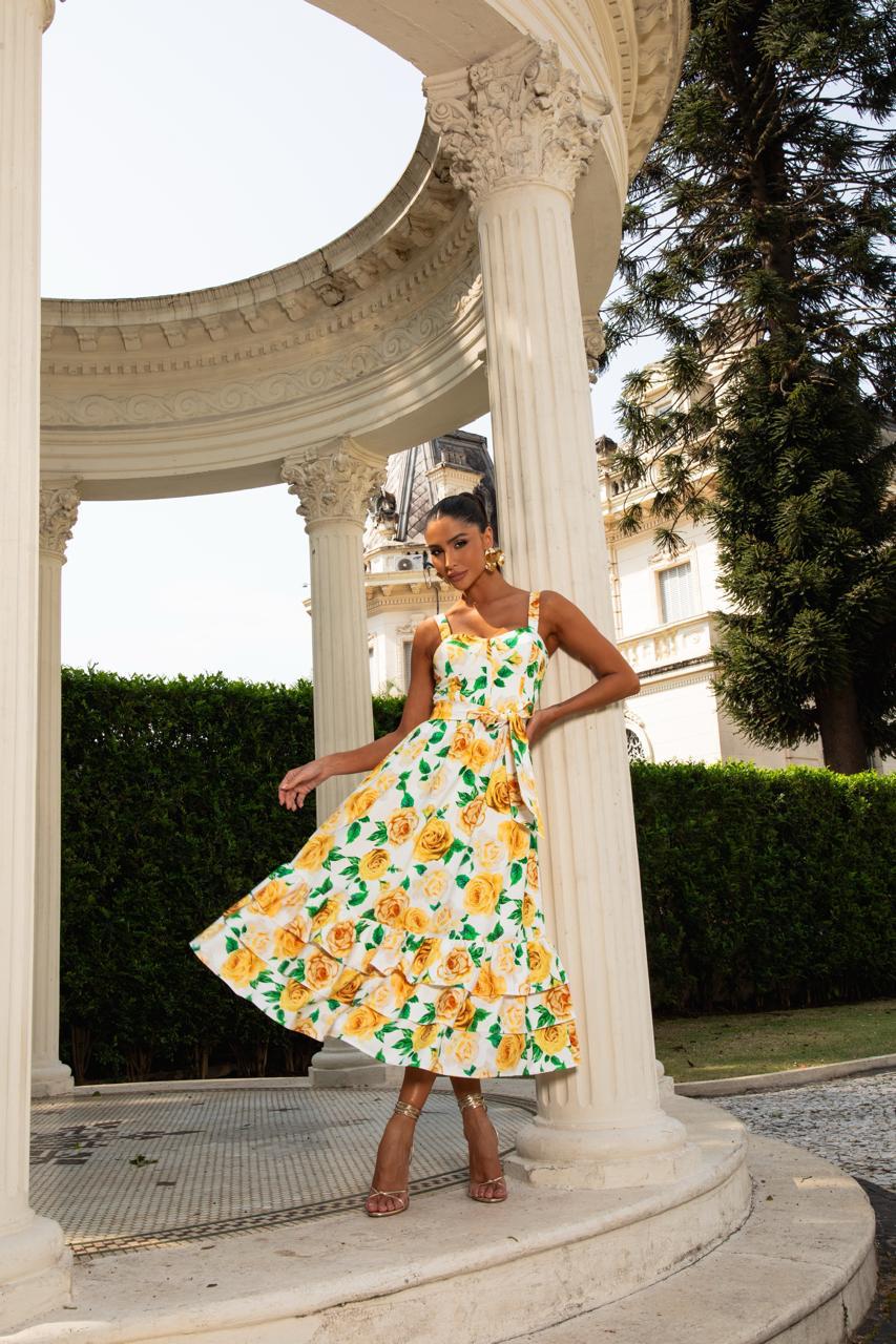 Vestido Midi Estampa Floral Amarela