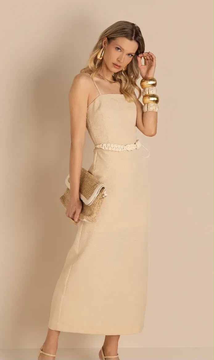 Vestido Midi Linho com Cinto  na cor cru — foto 3