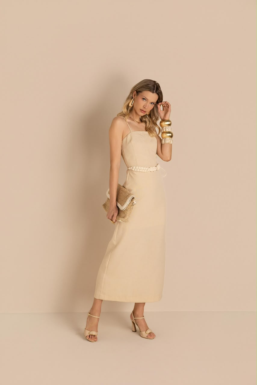 Vestido Midi Linho com Cinto  na cor cru — foto 4