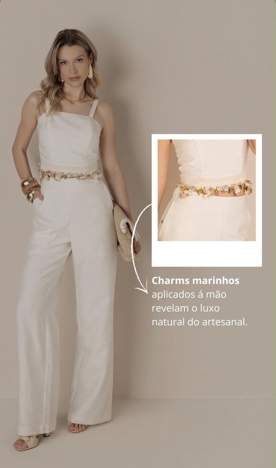 Conjunto Calça e Cropped com Bordado na cor bege — foto 3