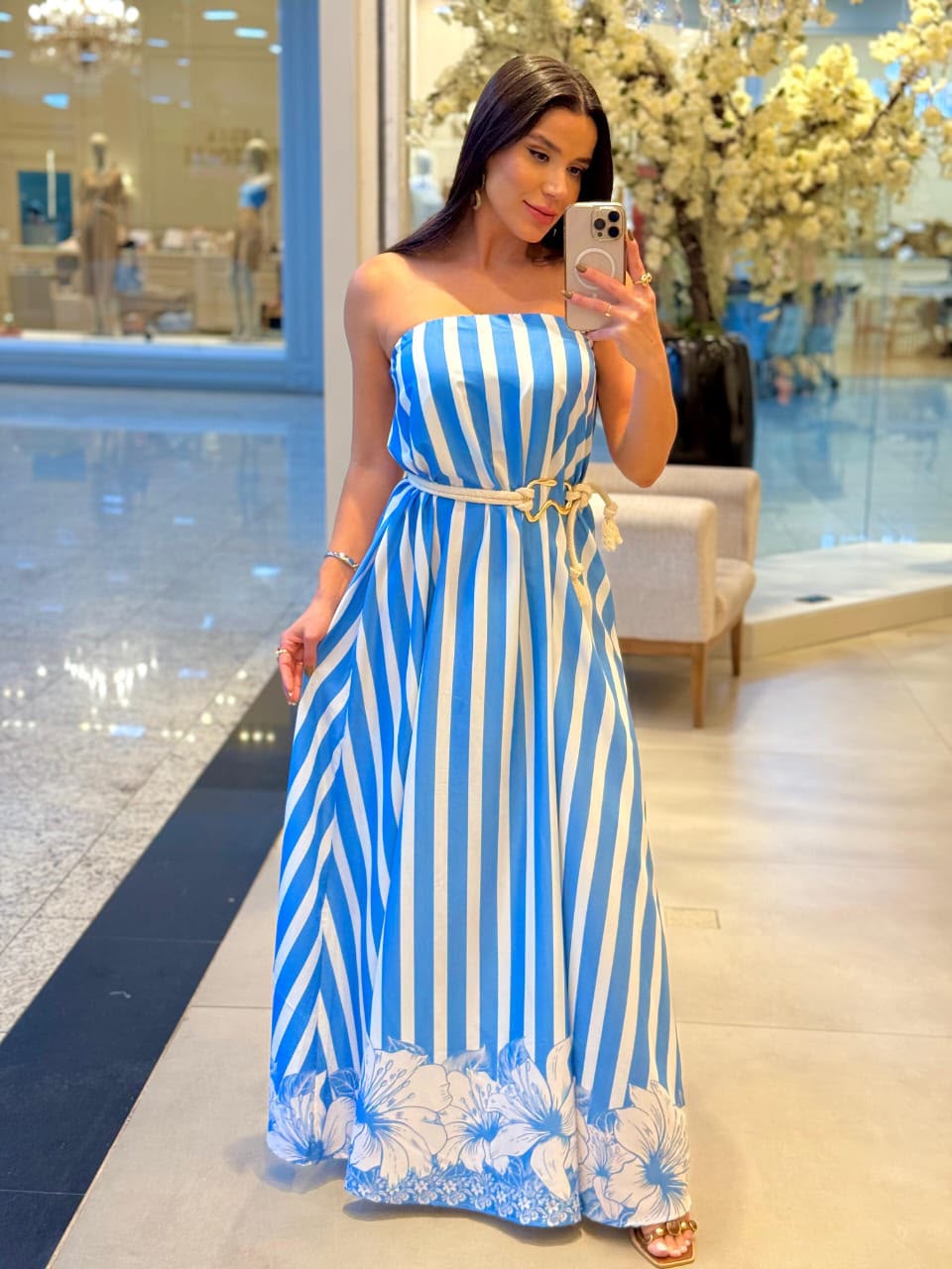 Vestido Azul com Listras e Cinto Corda