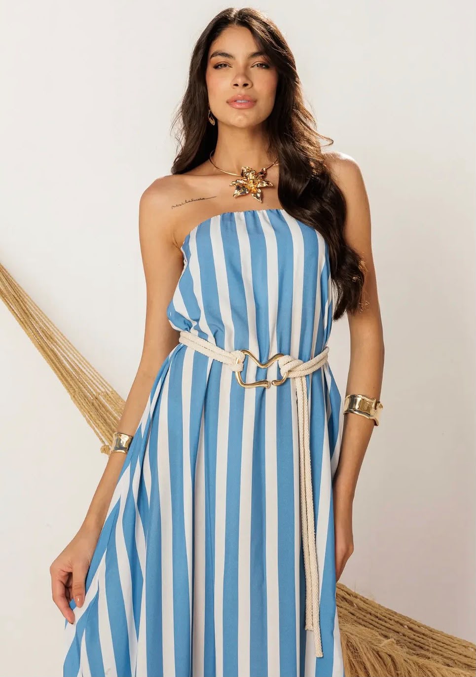 Vestido Azul com Listras e Cinto Corda