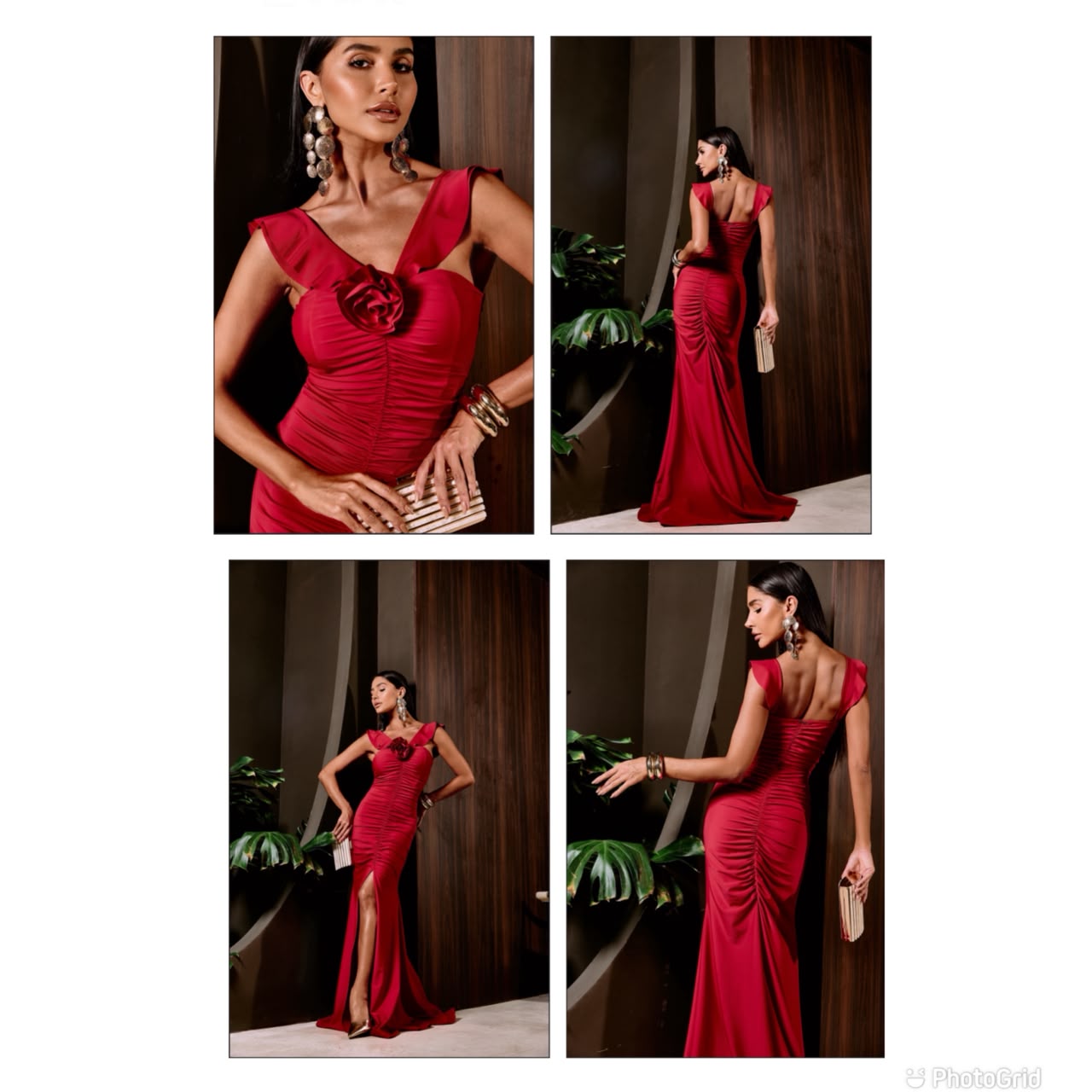 Vestido Longo Vermelho Detalhe Removível de Flor