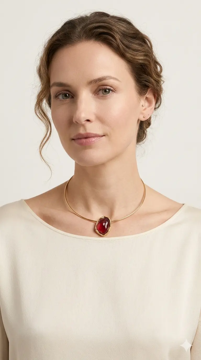 Colar Dourado Aberto com Pedra Rubi Orgânica