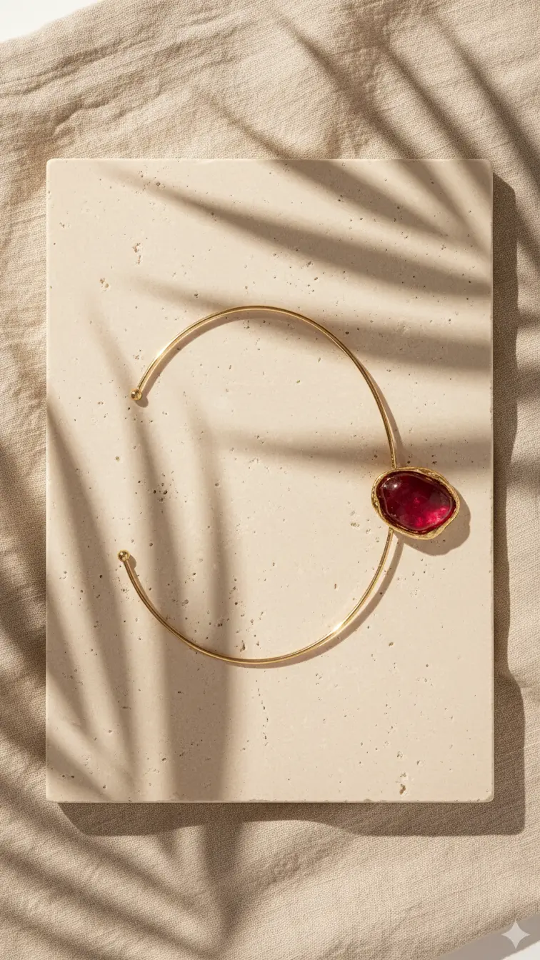 Colar Dourado Aberto com Pedra Rubi Orgânica