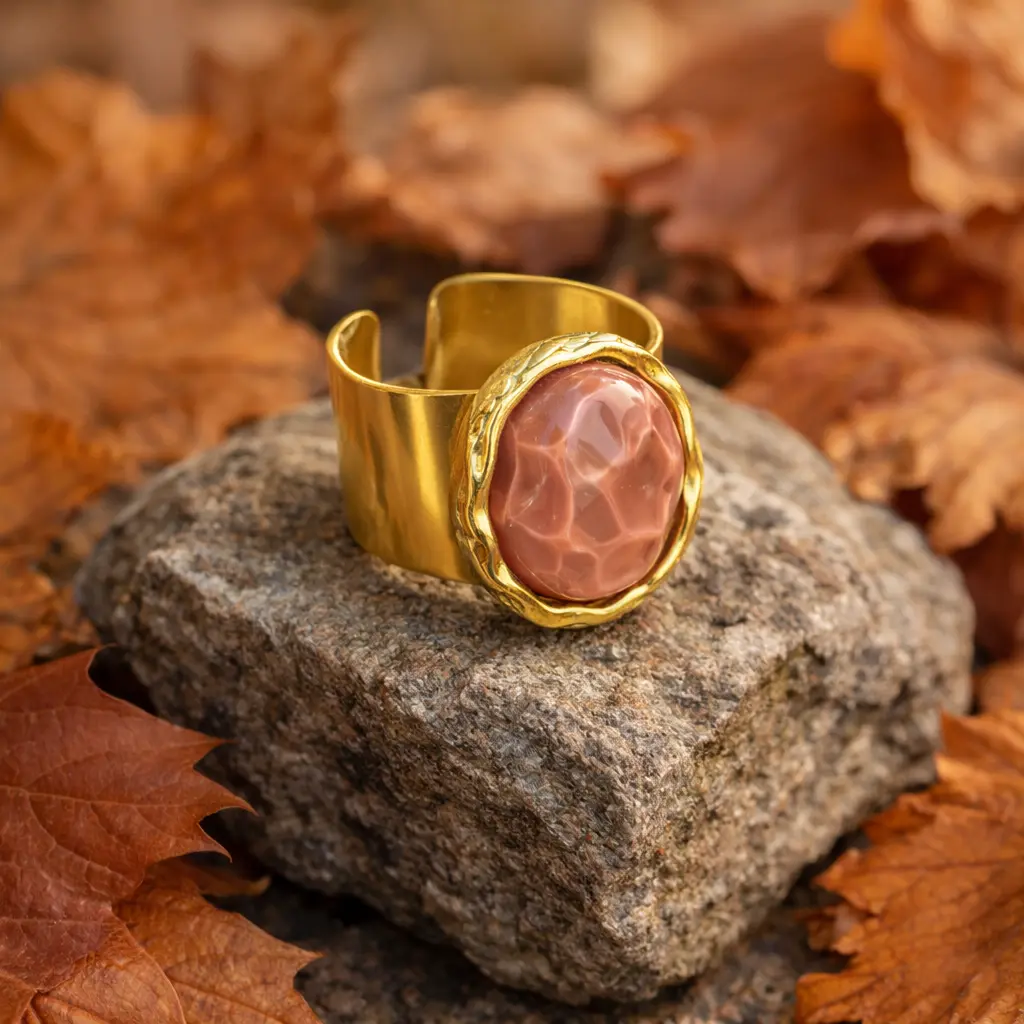 Anel Dourado Pedra Cristal Escuro