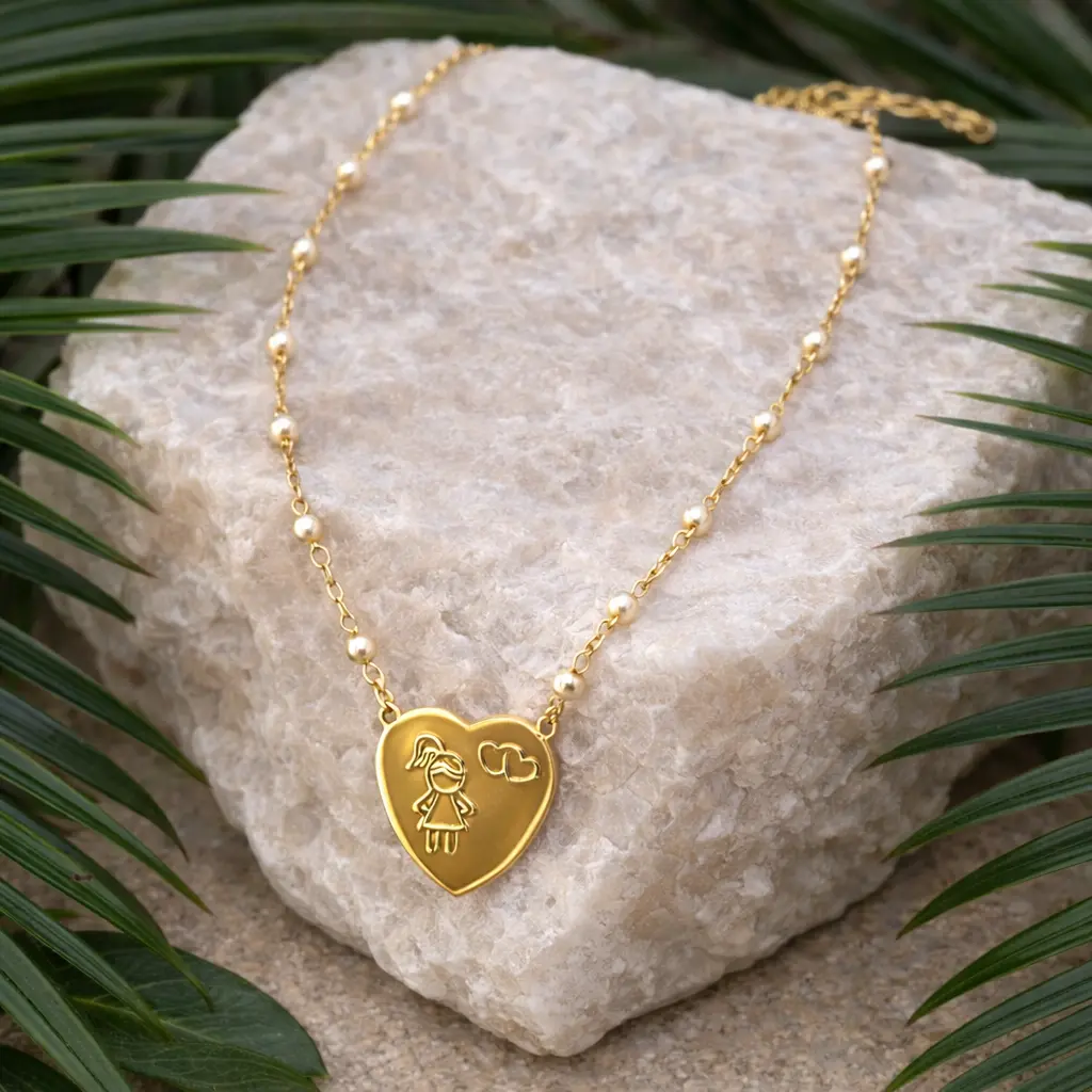 Colar Dourado com Pingente Coração Menina e Pérolas