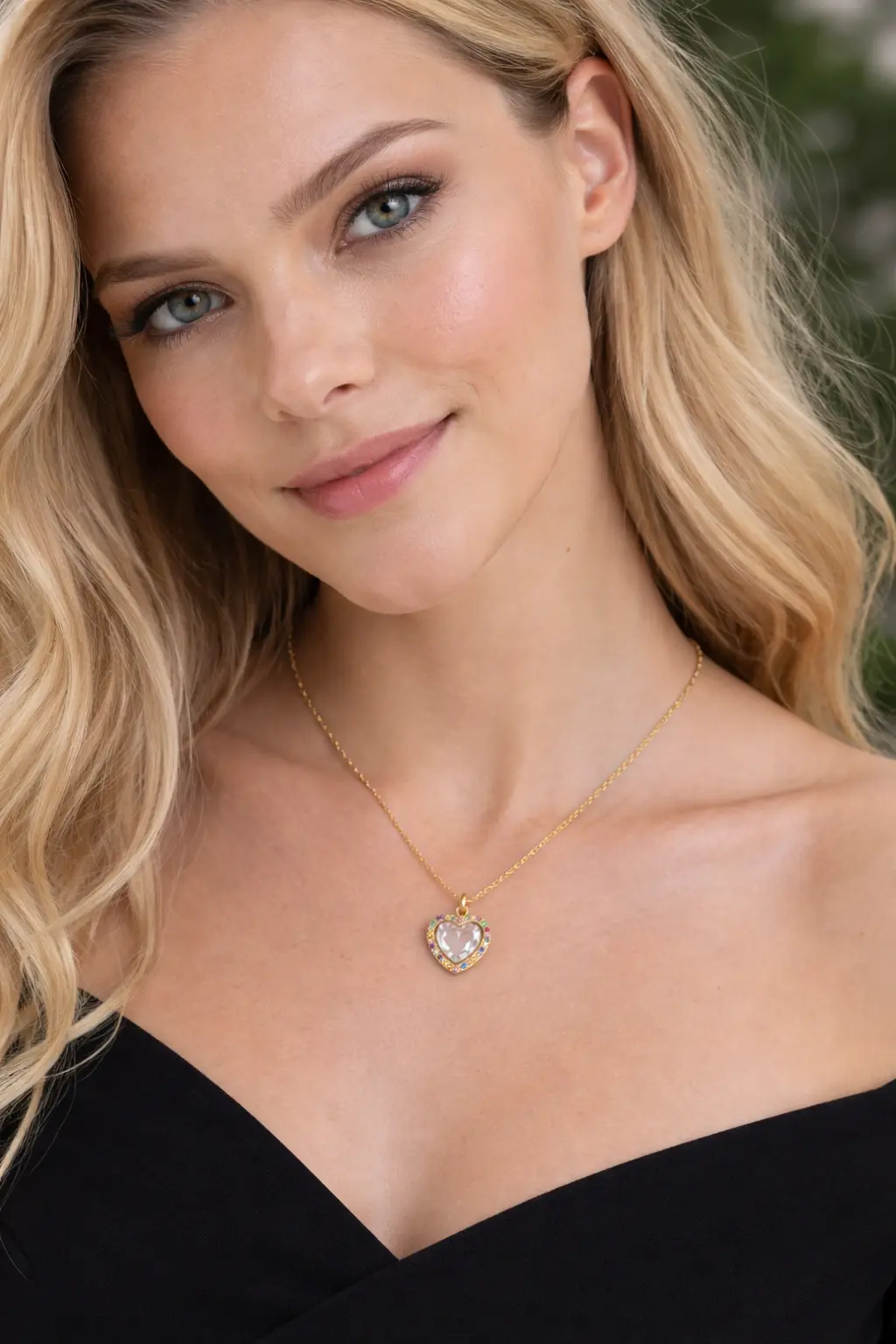 Colar Dourado Coração com Cristal Brilhante e Zircônias Coloridas