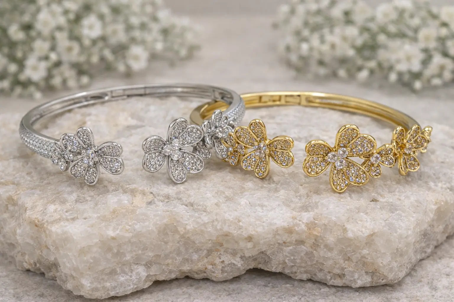 Pulseira Floral Luxo Cravejada em Zircônias – Prata ou Dourado