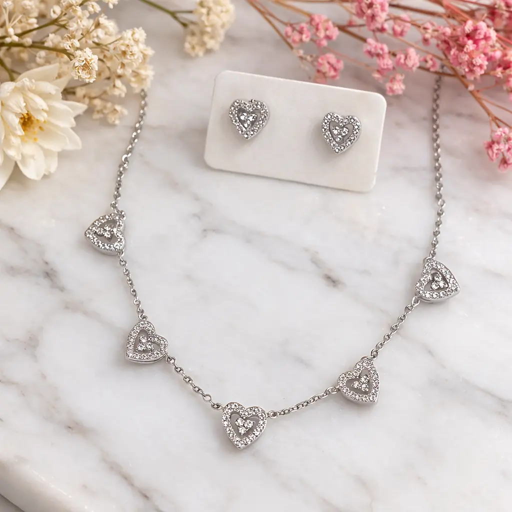 Conjunto Corações Vazados Cravejados com Zircônias coloridas 