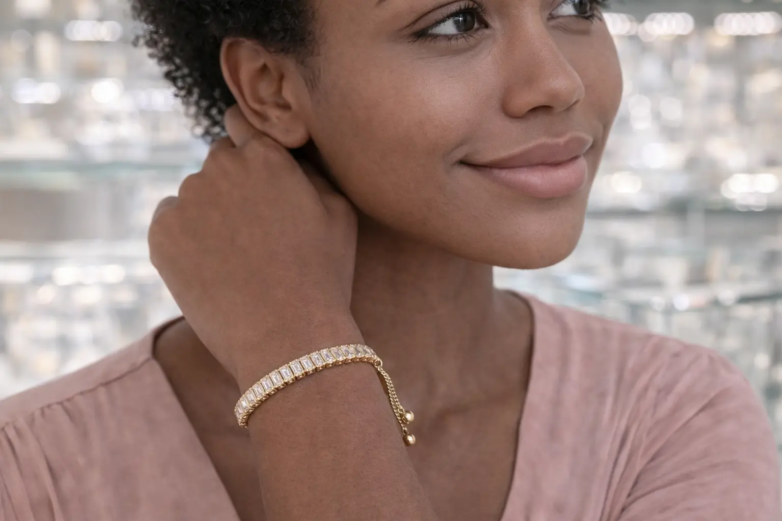 Pulseira Riviera Ajustável Dourada com Zircônias Retangulares