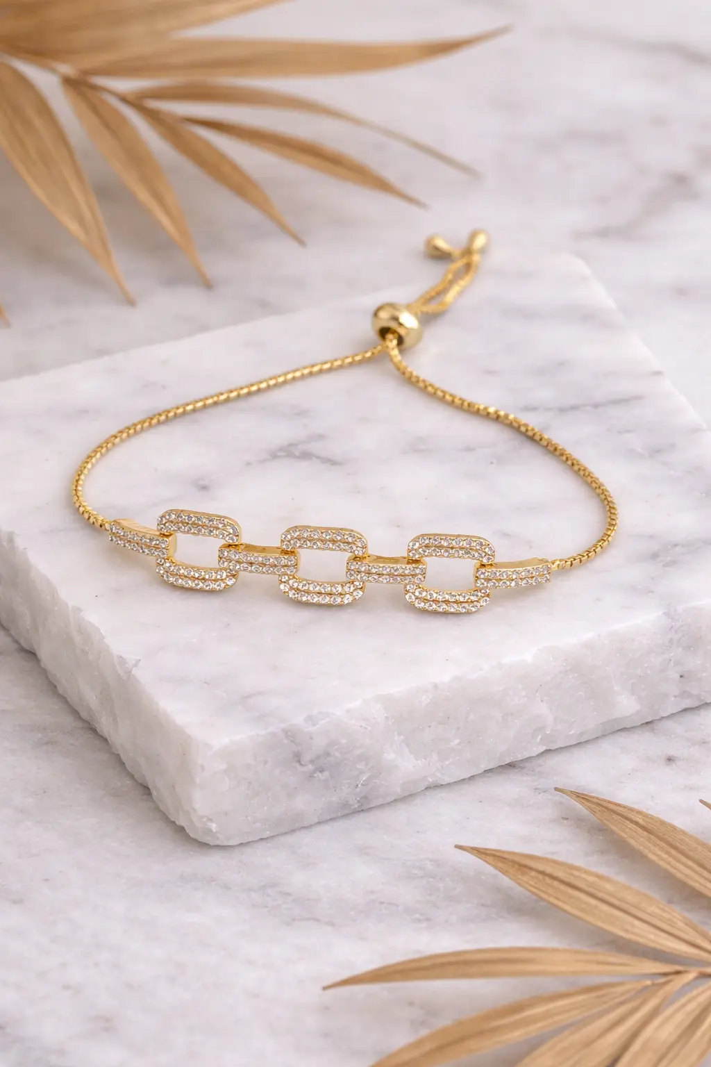 Pulseira Elo Luxo Ajustável Cravejada Dourada