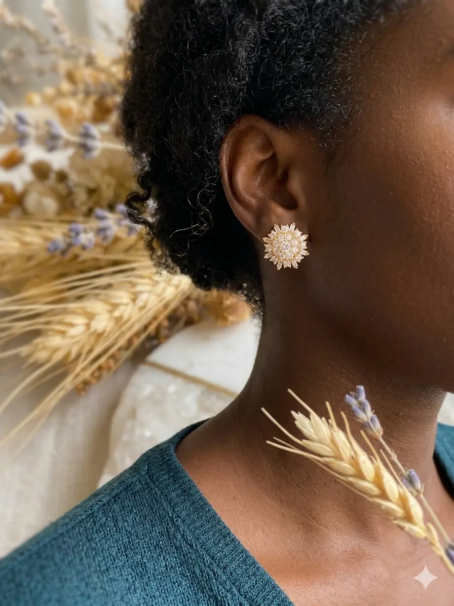 Brinco Botão Sol de Cristais e Zircônias Brancas Dourado