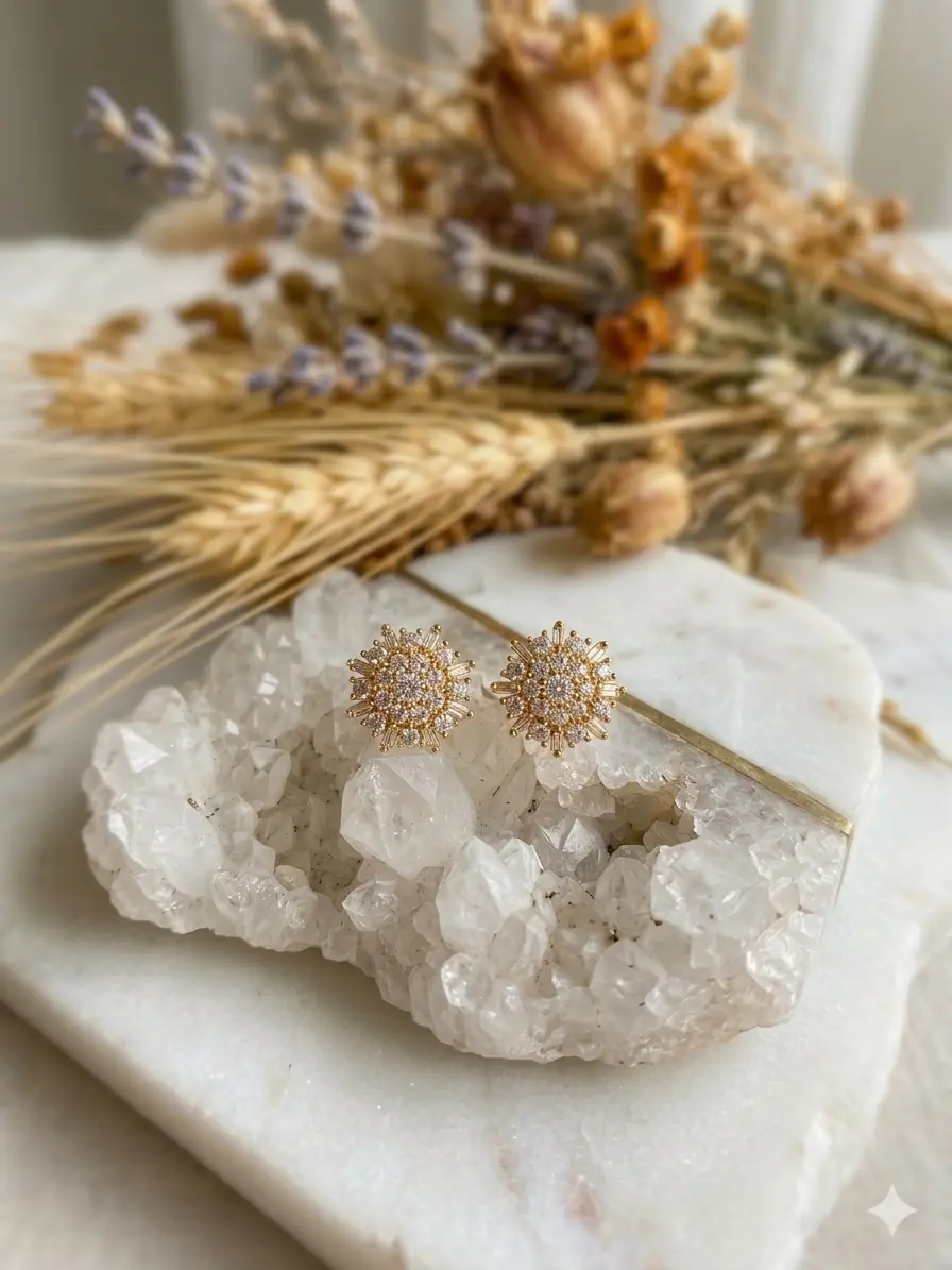 Brinco Botão Sol de Cristais e Zircônias Brancas Dourado