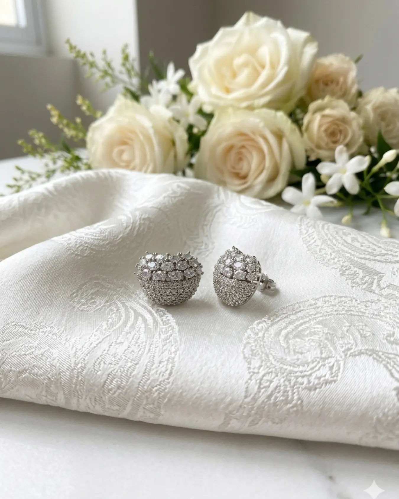 Brinco Botão Cravejado Pavê de Zircônias em Ródio Branco