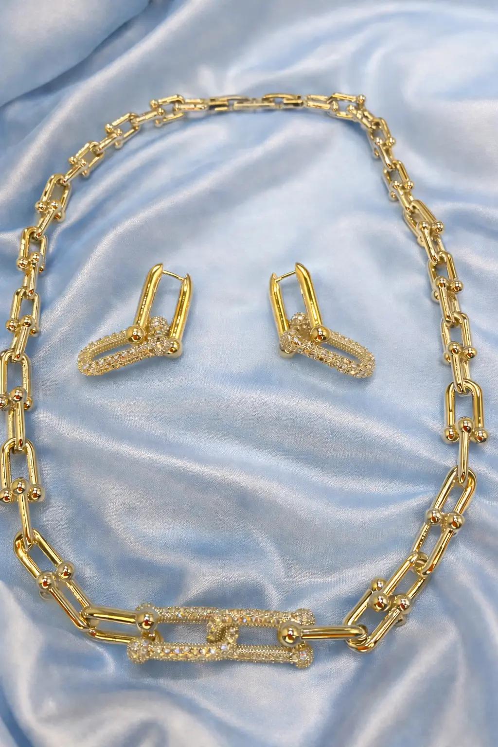 Conjunto Elos Luxo Prateado | Dourado com Brincos Cravejados