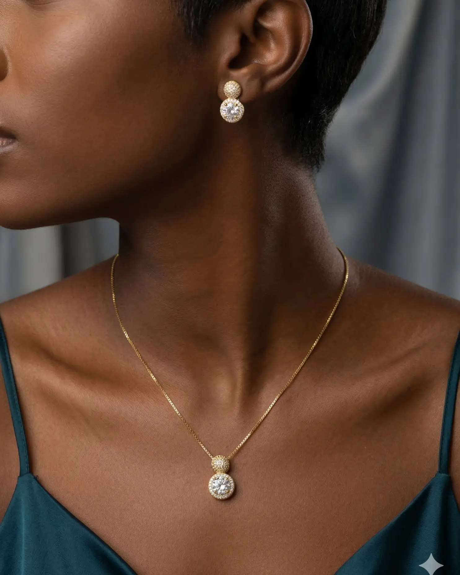 Conjunto Duplo Brilho Colar e Brincos Círculos Cravejados em Zircônias