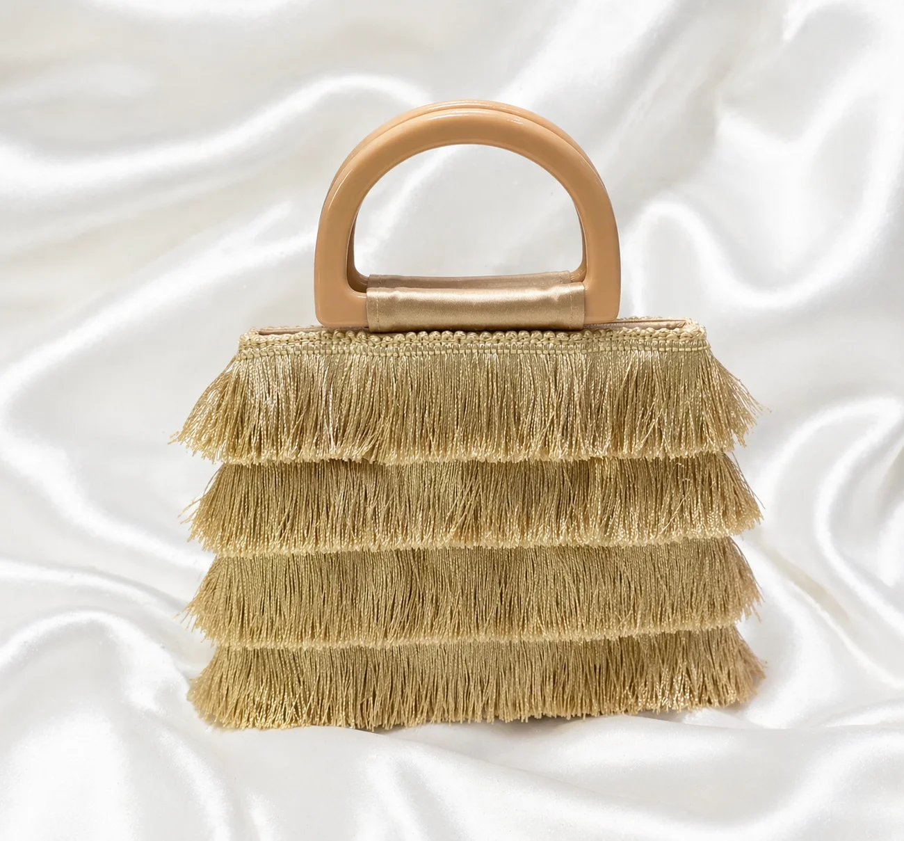 Bolsa Clutch Franja Dourada Alça Acrílica Nude