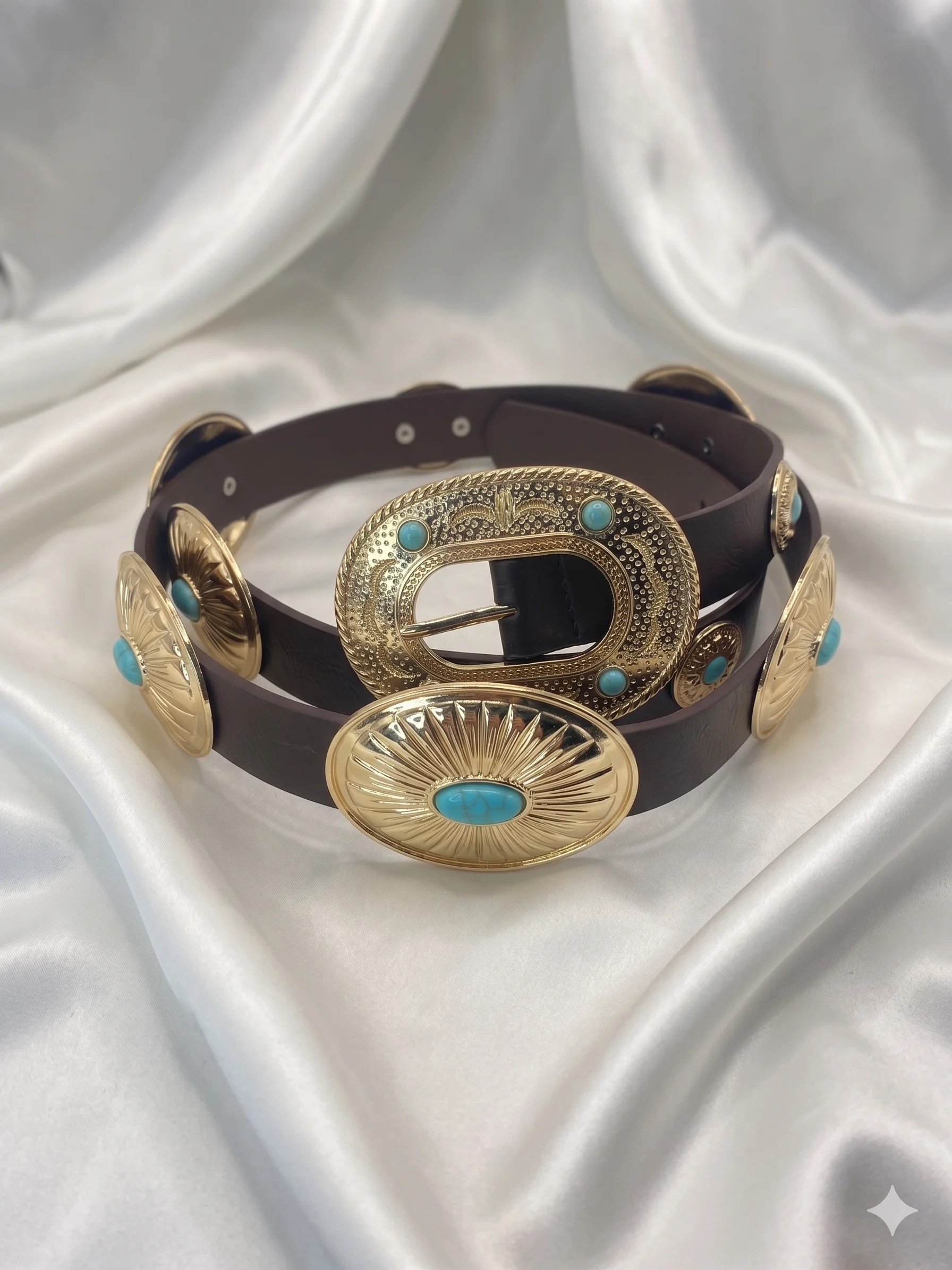 Cinto Western Luxo Dourado com Pedras Turquesa