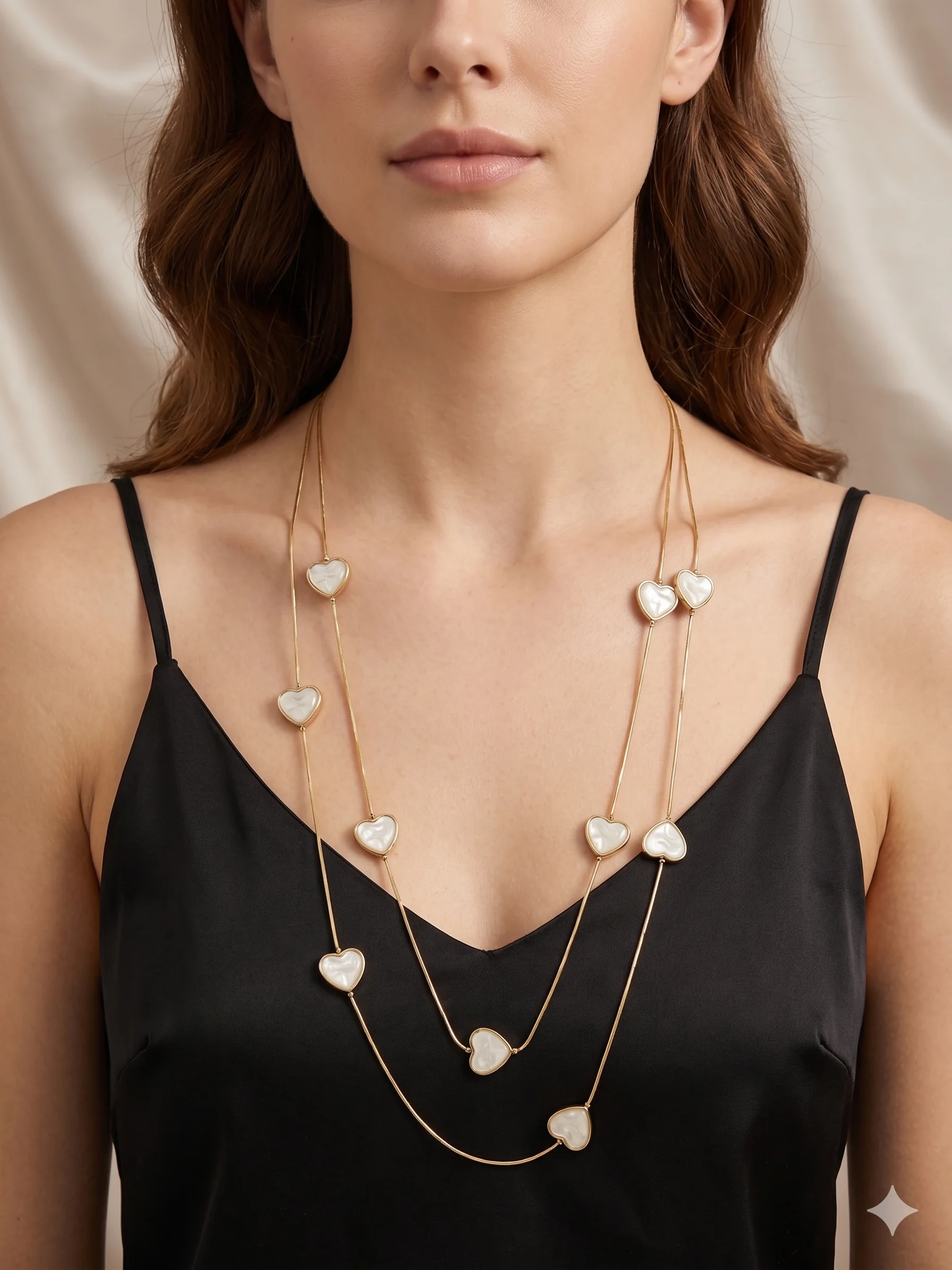 Colar Longo Corações Madre Pérola Dourado Donna Bendita