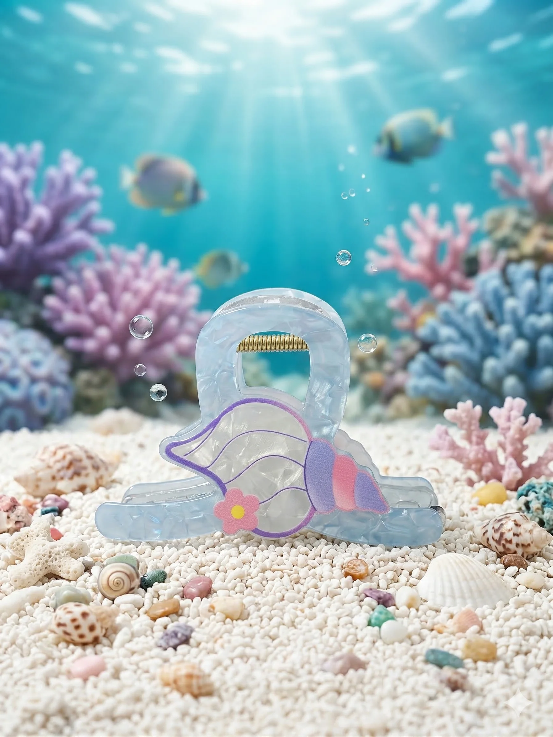 Piranha de Cabelo Infantil Concha do Mar Azul com Flor Rosa