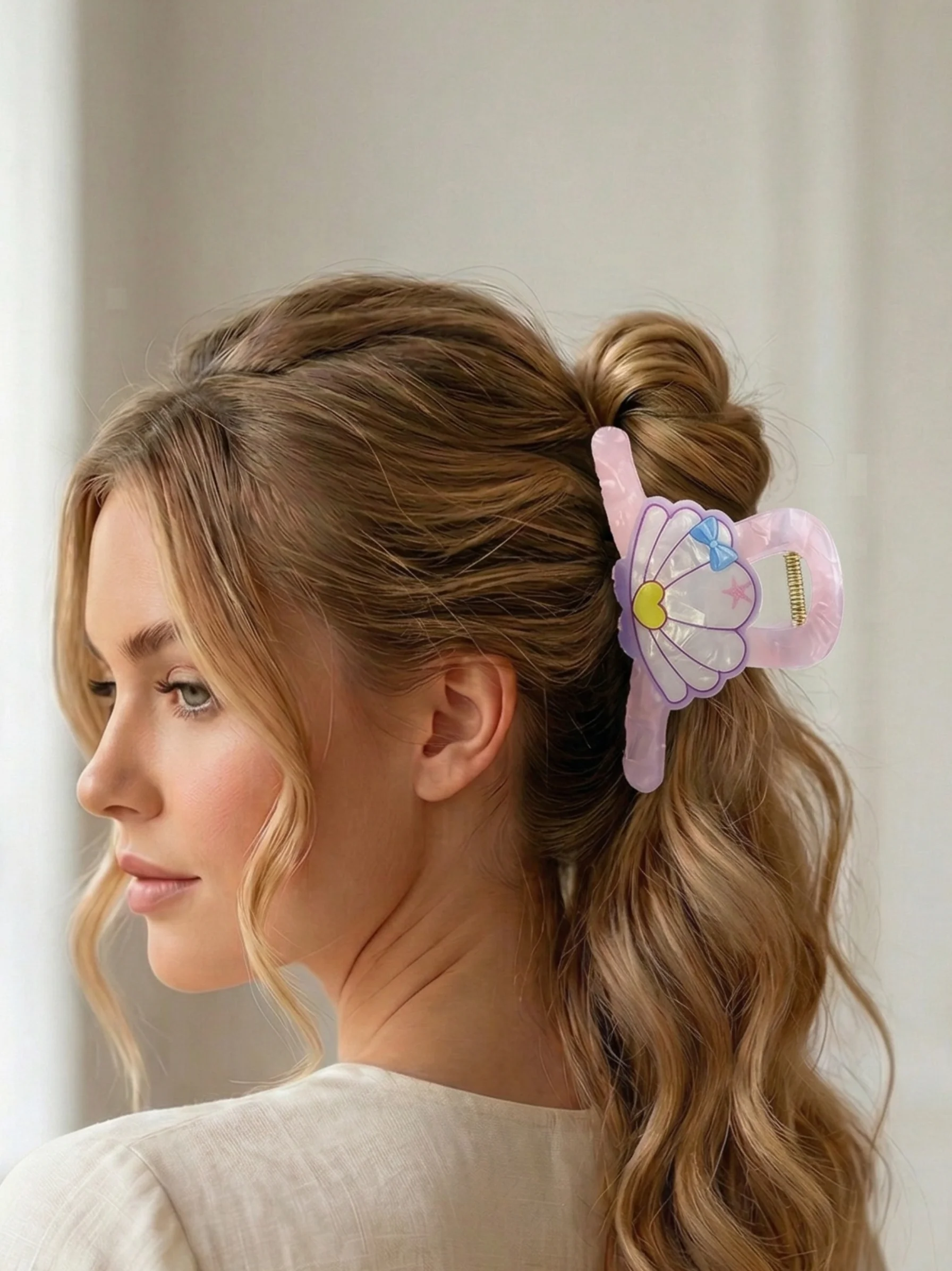 Piranha de Cabelo Infantil Concha Perolada Rosa com Coração