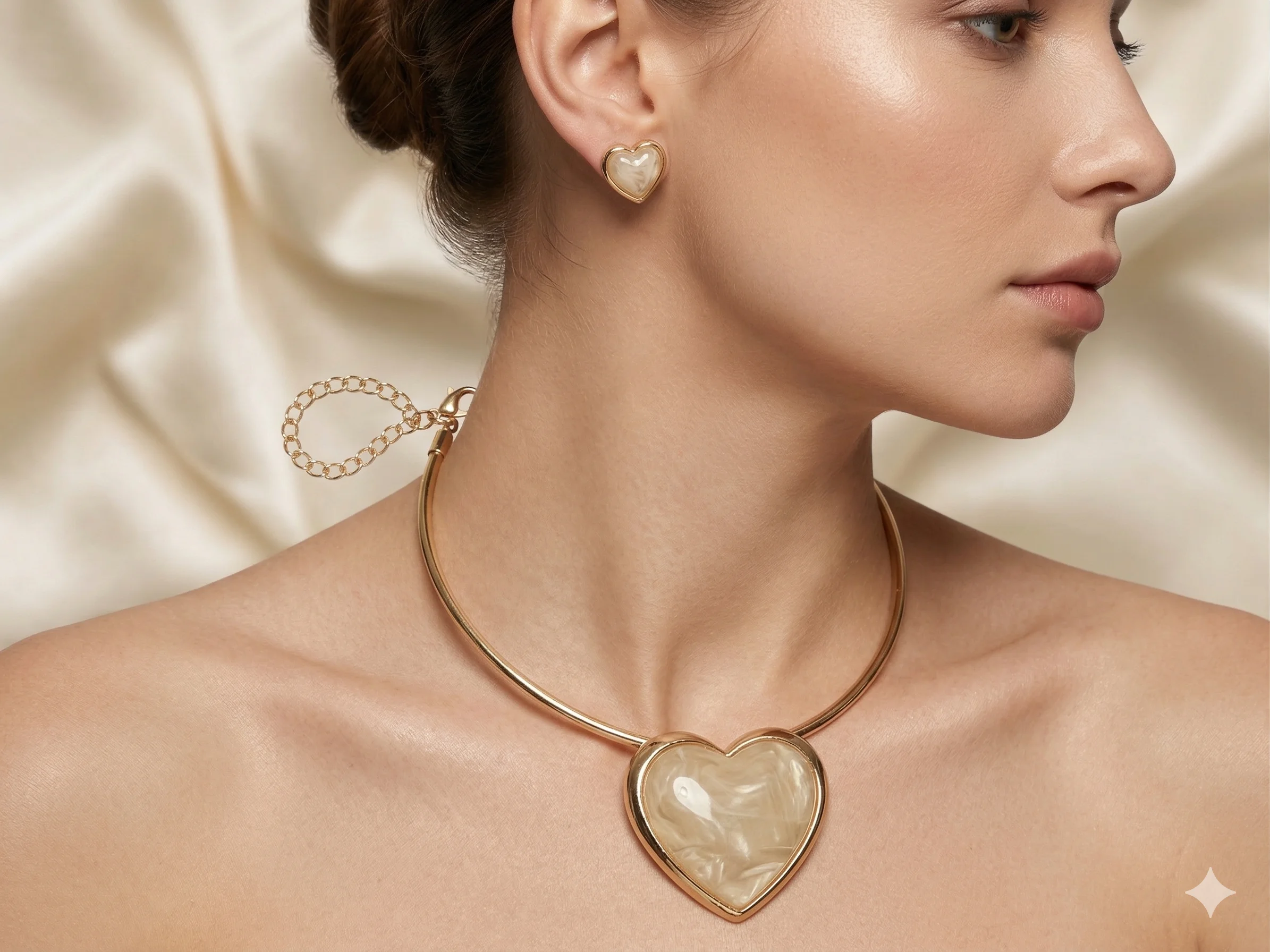 Conjunto Colar Aro e Brincos Coração de Resina Perolada