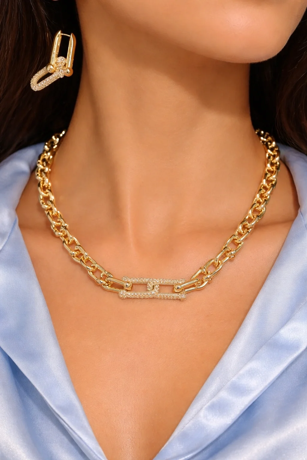 Conjunto Elos Luxo Prateado | Dourado com Brincos Cravejados