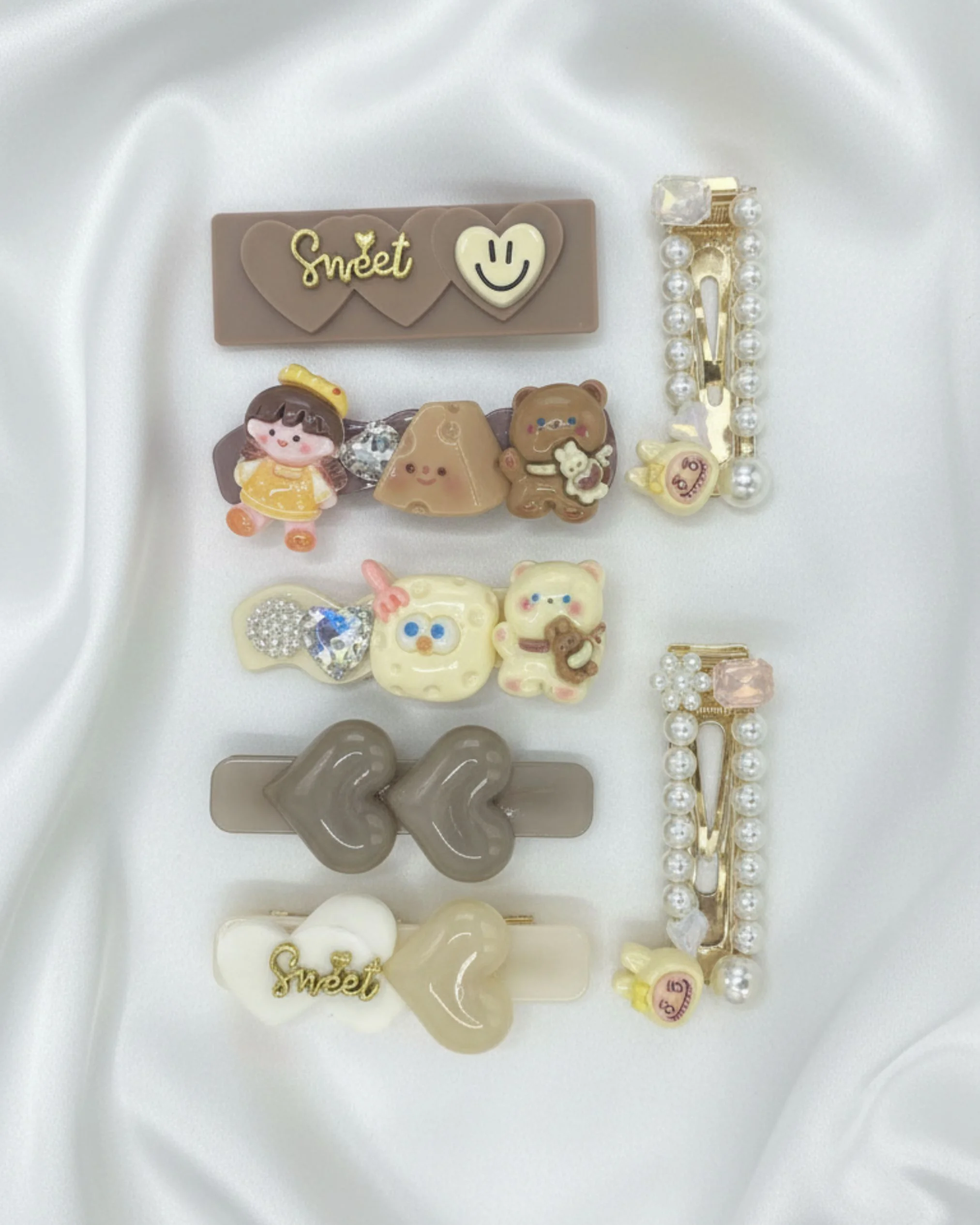 Kit de Presilhas Hair Clips Sweet & Fun – Personagens e Corações (5 unidades)