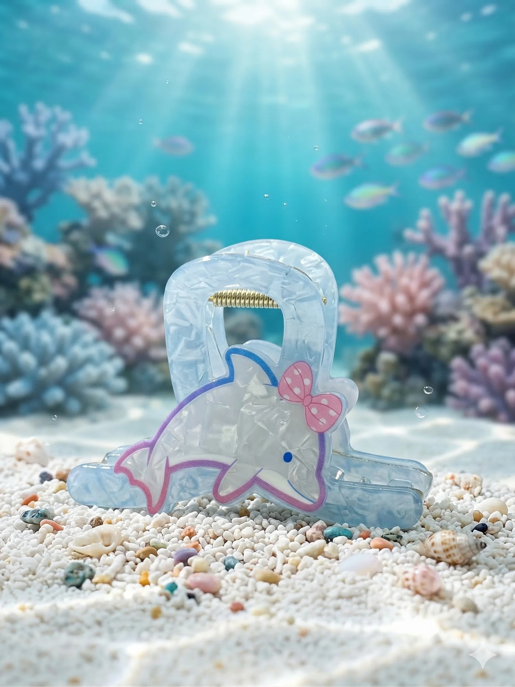 Piranha de Cabelo Infantil Golfinho Azul com Laço Rosa