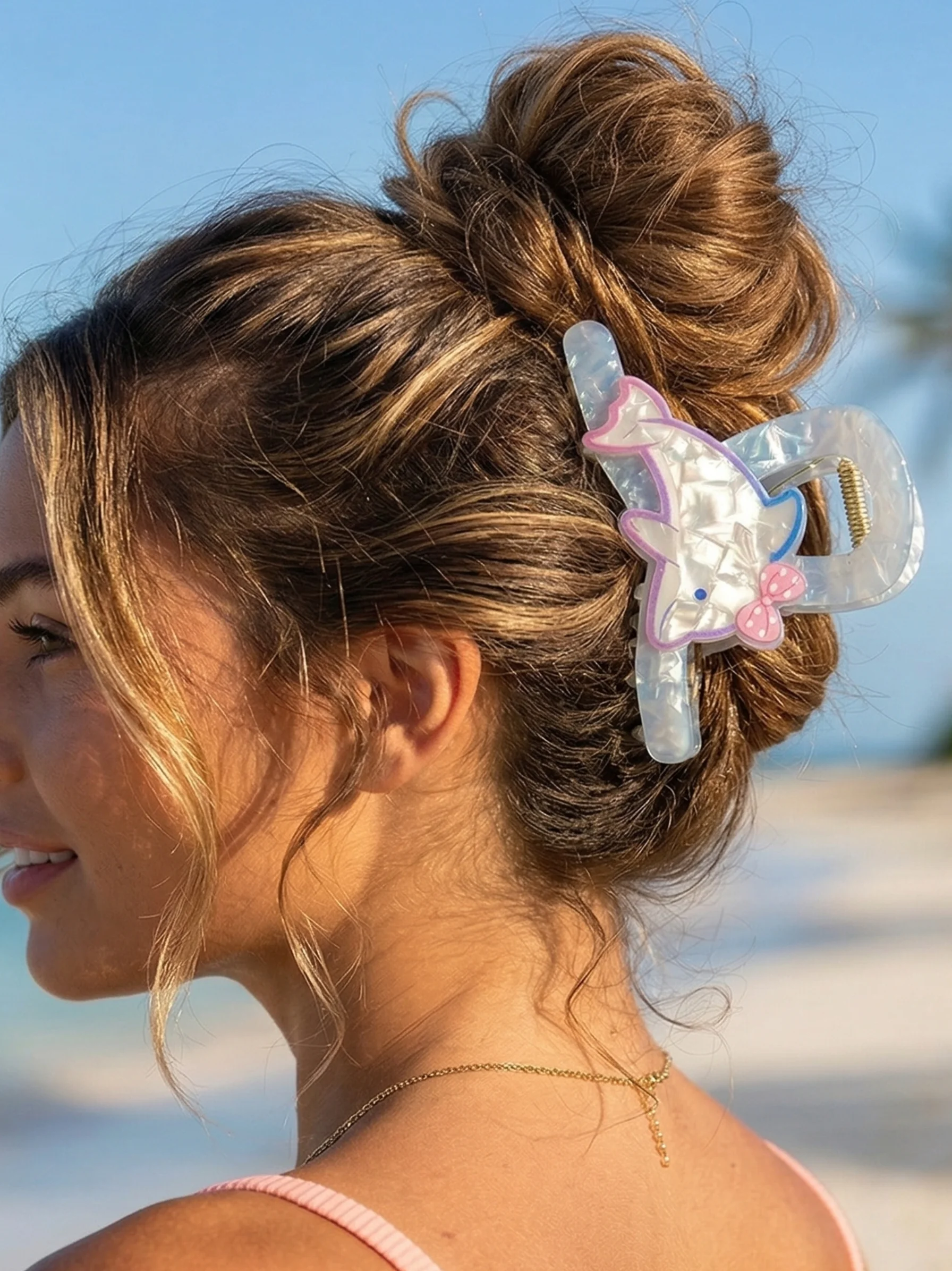 Piranha de Cabelo Infantil Golfinho Azul com Laço Rosa