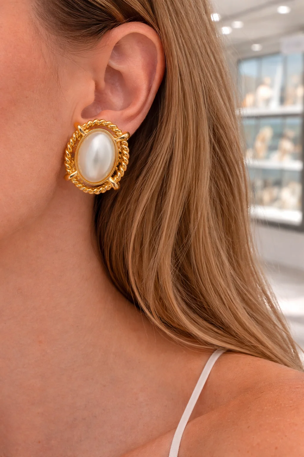 Brinco Oval Perolado Vintage