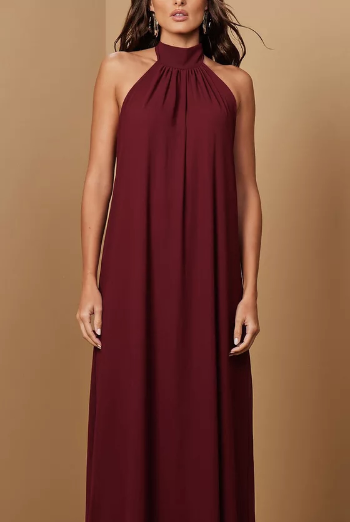Vestido longo chiffon frente única marsala