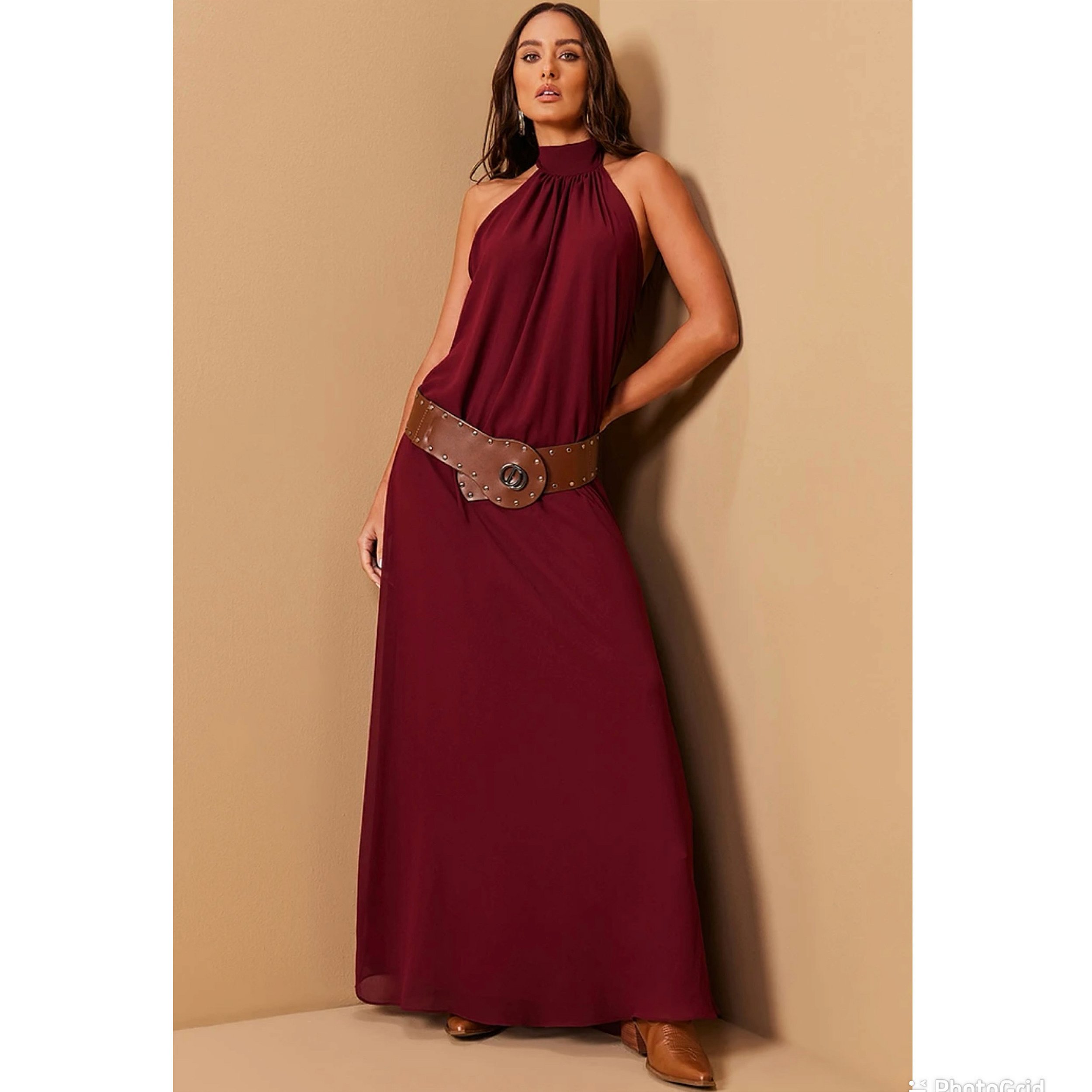 Vestido Longo Chiffon Frente Única Marsala