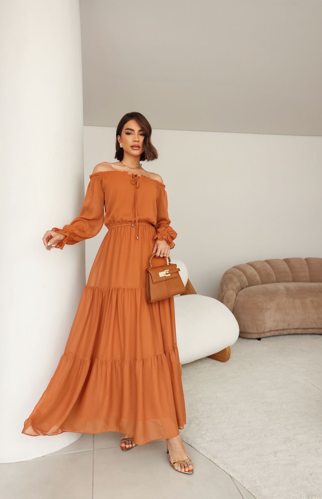 Vestido ombro a ombro terracota